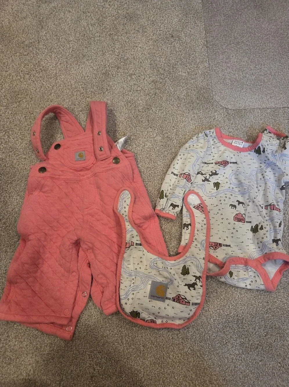 Carhartt Baby Girl 3-Piece Quilted Overalls Bodysuit & Bib Set 6M